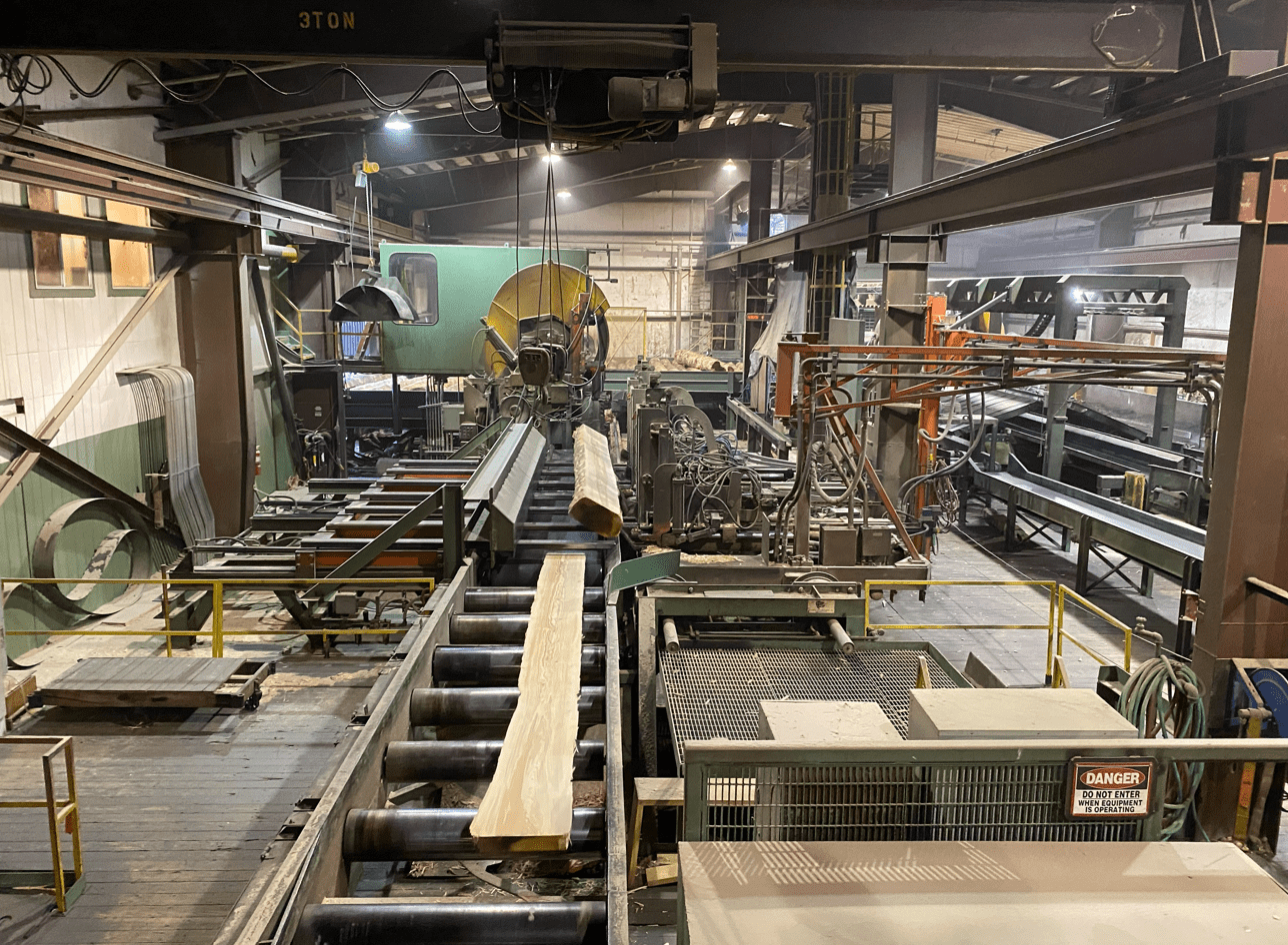 A factory with multiple hooks putting lumber onto a conveyer belt.