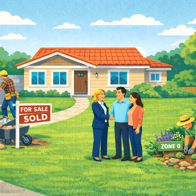 An illustration of a realtor, a man and woman, a group of construction workers, and a gardener, all in front of a single story house.