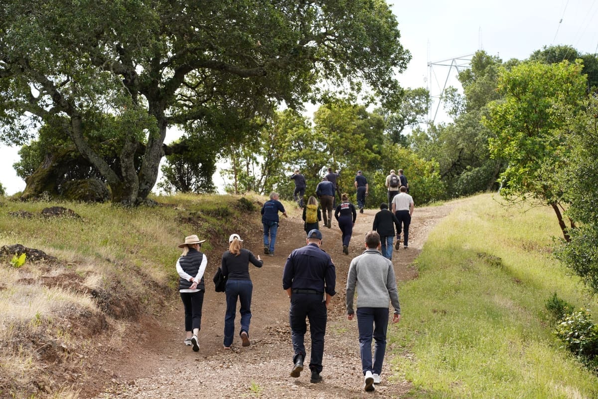 A group of community and Marin Wildfire board members walking up a clean-cut path in between neat vegetation.