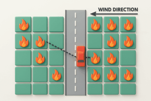 Computer rendering of a car driving down a road with wildfire on both sides of the road.