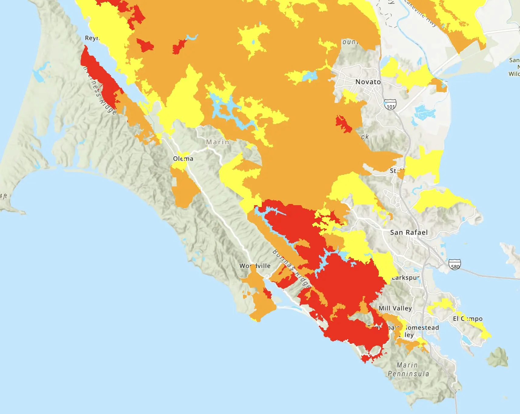 A map of Marin County divided into State Responsibility Areas.