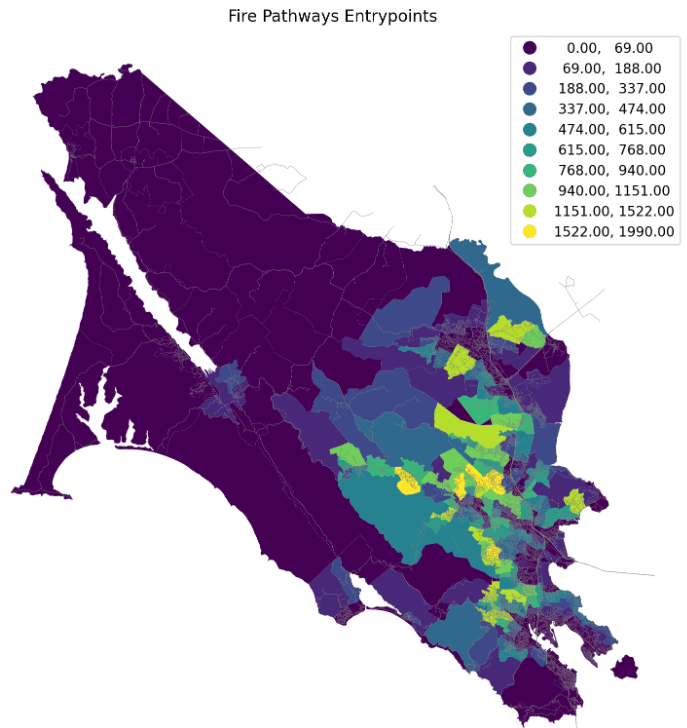 A map of Marin County labeled "Fire Pathways Entry Points".