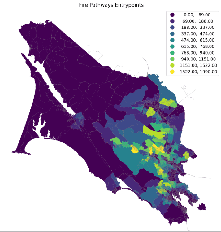 A map of Marin County, color-coded to show the density of fire pathway entry points in each area.