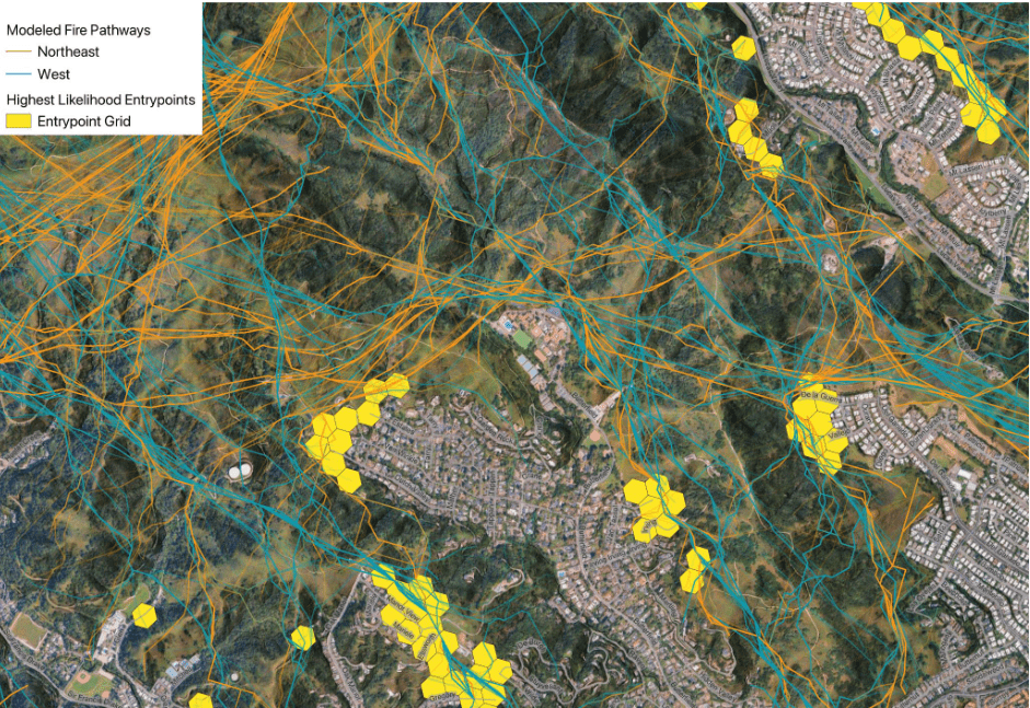 Map of Marin's urban area showing modeled fire pathways, with different colors separating the northwest and west paths.