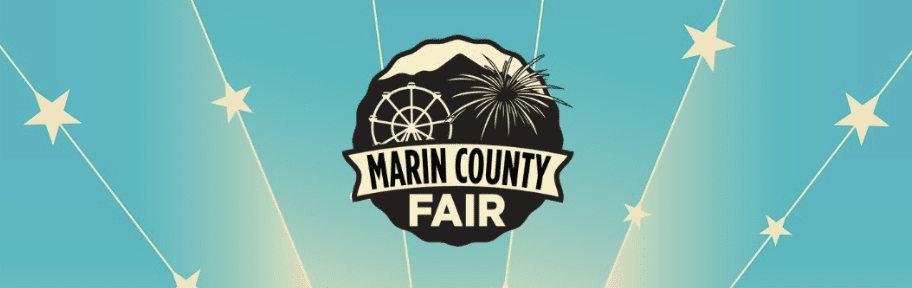 Black and white logo with large text reading "Marin County Fair" in front of graphics of fireworks and a Ferris wheel.