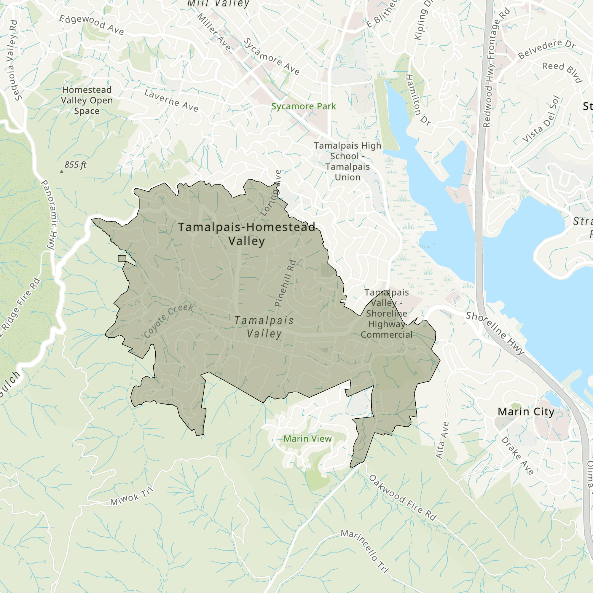 A map with Tamalpais Valley highlighted.