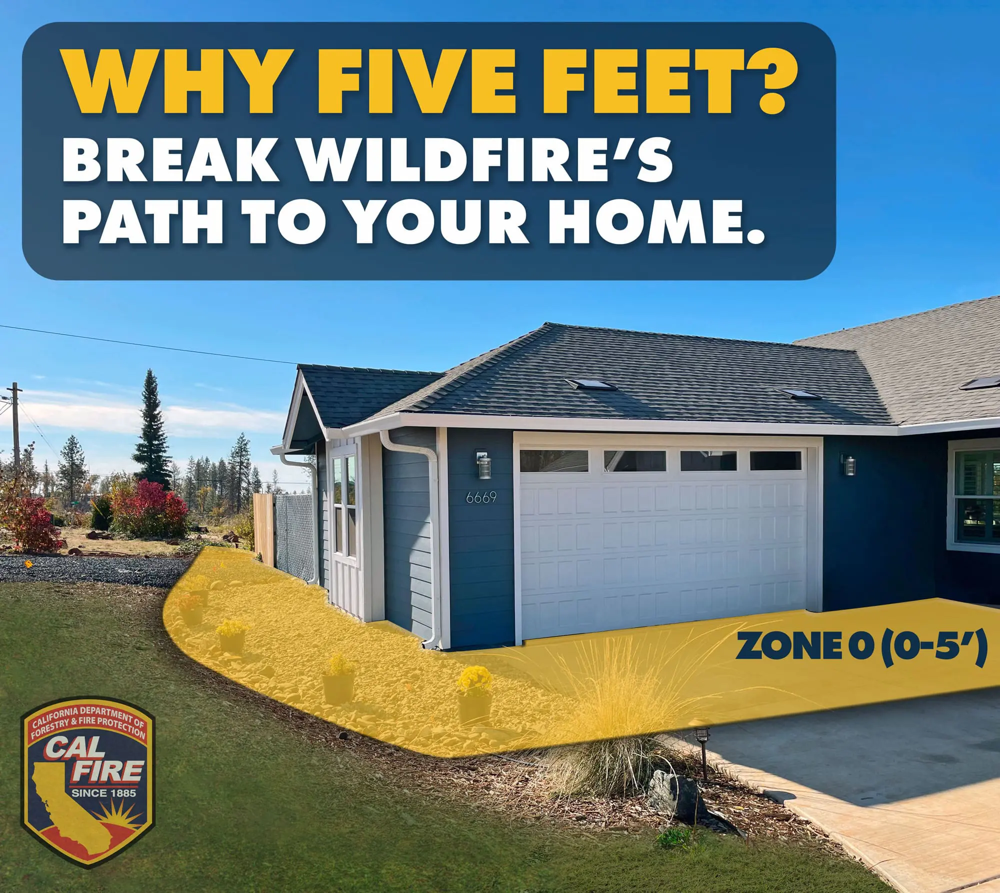 A house with a highlighted yellow ring around it, with the text "Why Five Feet? Break Wildfire's Path to Your Home." above.