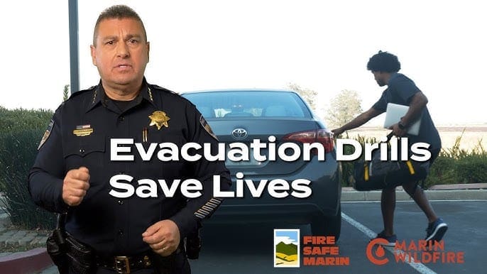 Text that reads "Evacuation drills save lives" overlaid on a photo of a police officer and a person opening their car door.
