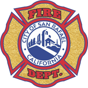A red and yellow logo with text reading "Fire Dept." and "City of San Rafael, California".