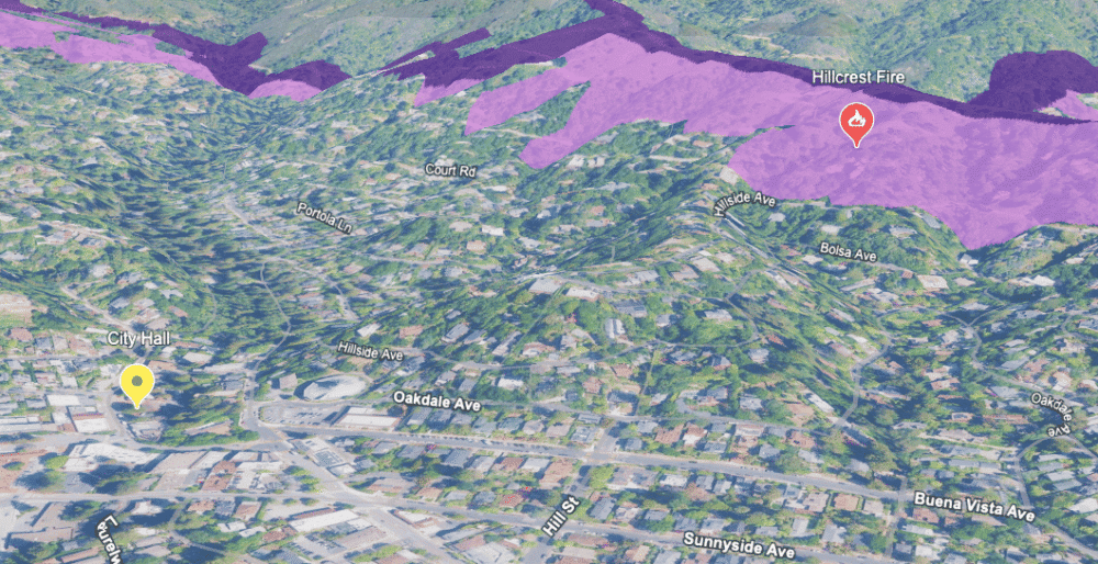 Map showing the reach of the Hillside Fire, with nearby roads labeled "Court Rd.", "Hillside Ave.", and "Bolsa Ave.".