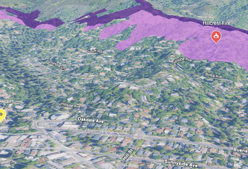 Map showing the reach of the Hillside Fire, with nearby roads labeled "Court Rd.", "Hillside Ave.", and "Bolsa Ave.".